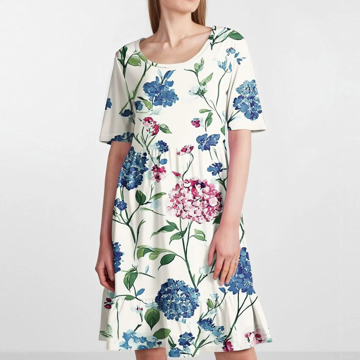 Summer Dresses for Women 2025 U Neck Short Sleeve Knee Length Floral Dress Boho Tiered Ruffle Hem Vacation Dresses