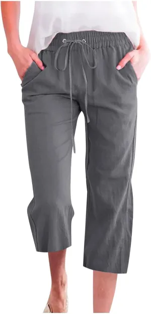 Summer Linen Capris for Women Casual Loose Wide Leg Trousers with Pockets Lightweight High Waisted Cropped Pants