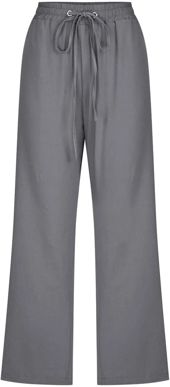 Summer Linen Capris for Women Casual Loose Wide Leg Trousers with Pockets Lightweight High Waisted Cropped Pants