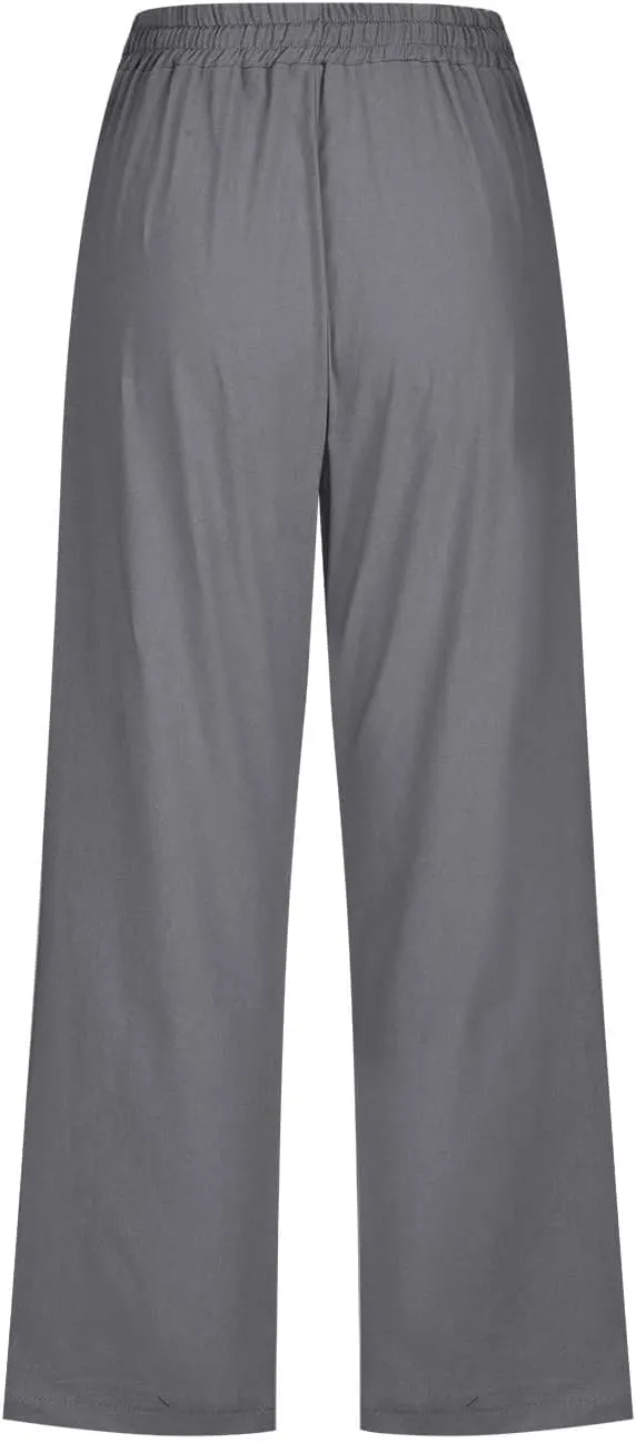 Summer Linen Capris for Women Casual Loose Wide Leg Trousers with Pockets Lightweight High Waisted Cropped Pants