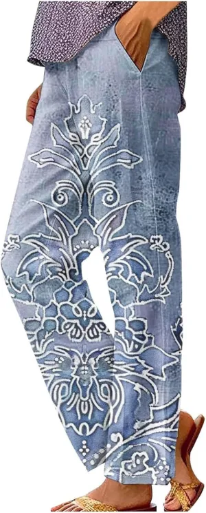 Summer Linen Pants for Women Wide Leg Boho Floral Printed Loose Palazzo Pants Elastic Waisted Drawstring with Pockets