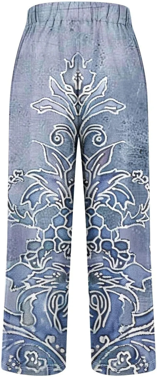 Summer Linen Pants for Women Wide Leg Boho Floral Printed Loose Palazzo Pants Elastic Waisted Drawstring with Pockets
