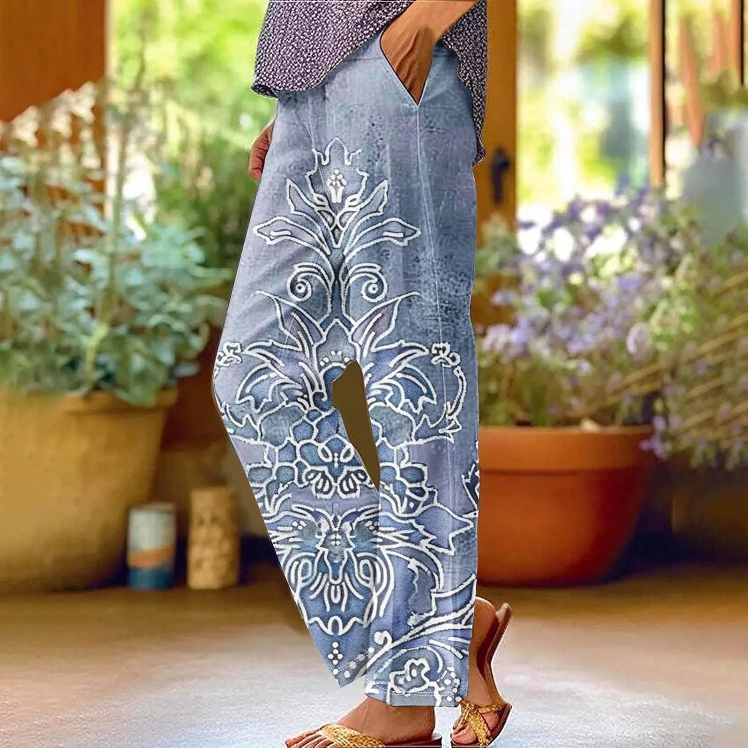 Summer Linen Pants for Women Wide Leg Boho Floral Printed Loose Palazzo Pants Elastic Waisted Drawstring with Pockets