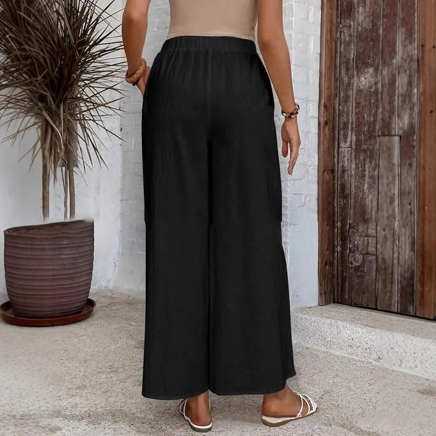 Summer Linen Trousers for Women Wide Leg Elastic Waist Button Fly Loose Trousers Casual Beach Work Pants with Pockets