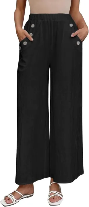 Summer Linen Trousers for Women Wide Leg Elastic Waist Button Fly Loose Trousers Casual Beach Work Pants with Pockets