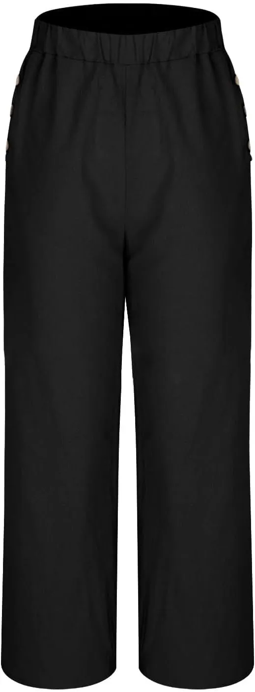 Summer Linen Trousers for Women Wide Leg Elastic Waist Button Fly Loose Trousers Casual Beach Work Pants with Pockets