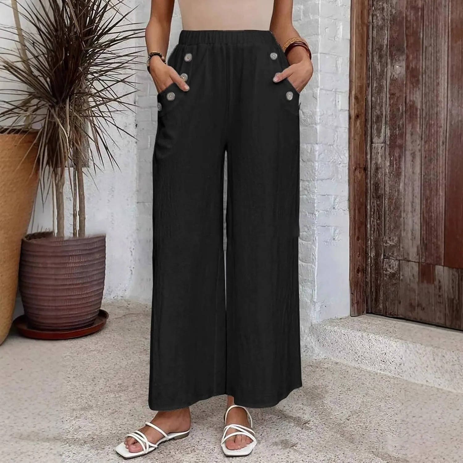 Summer Linen Trousers for Women Wide Leg Elastic Waist Button Fly Loose Trousers Casual Beach Work Pants with Pockets