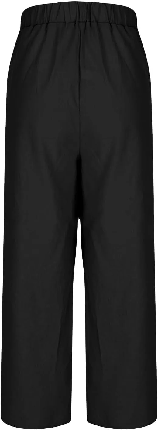 Summer Linen Trousers for Women Wide Leg Elastic Waist Button Fly Loose Trousers Casual Beach Work Pants with Pockets
