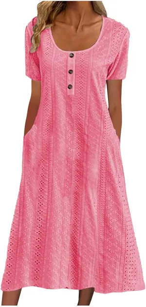 Summer Midi Dresses for Women Boho Short Sleeve Eyelet Cover Up Dress Casual Flowy Swing Beach Sundress with Pockets