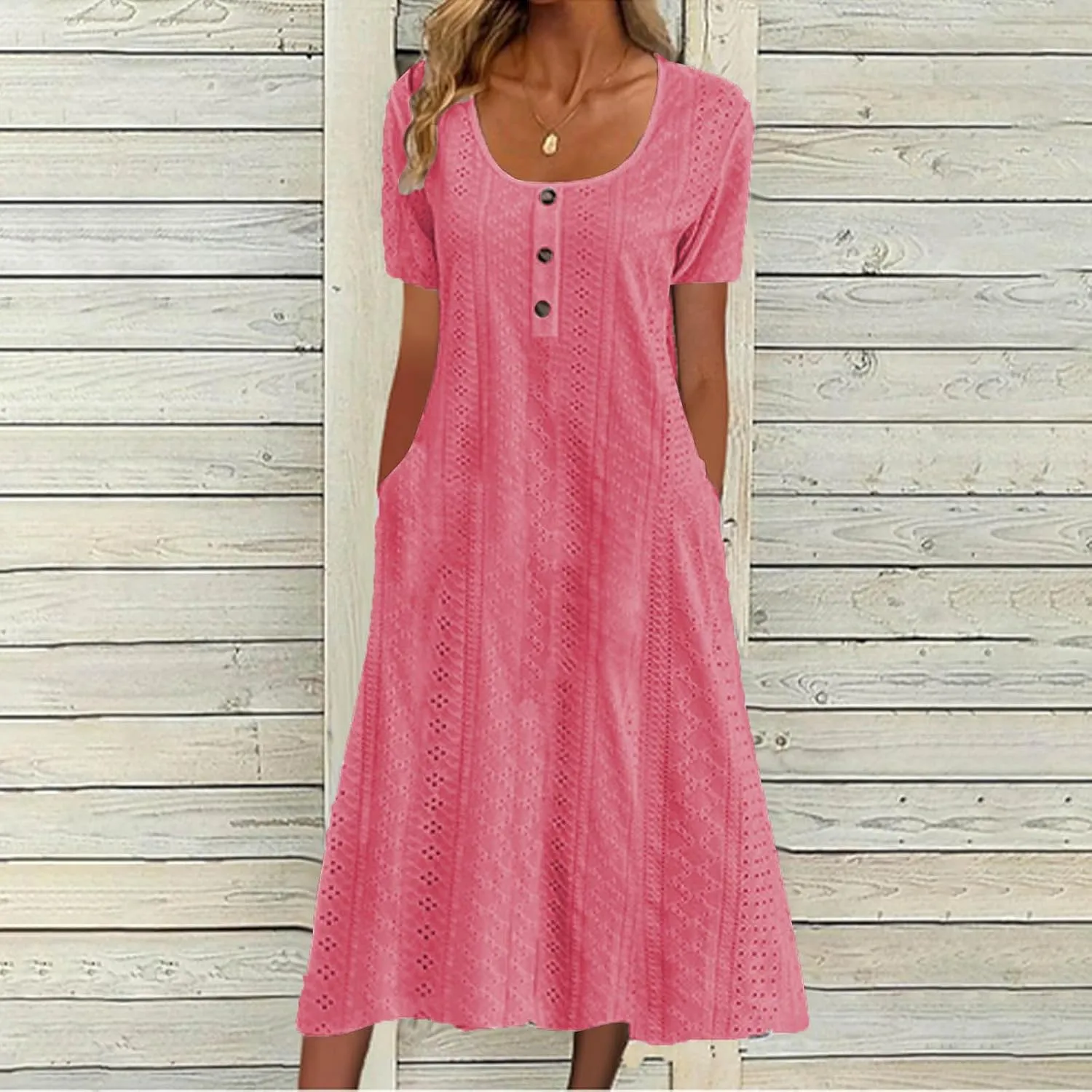 Summer Midi Dresses for Women Boho Short Sleeve Eyelet Cover Up Dress Casual Flowy Swing Beach Sundress with Pockets