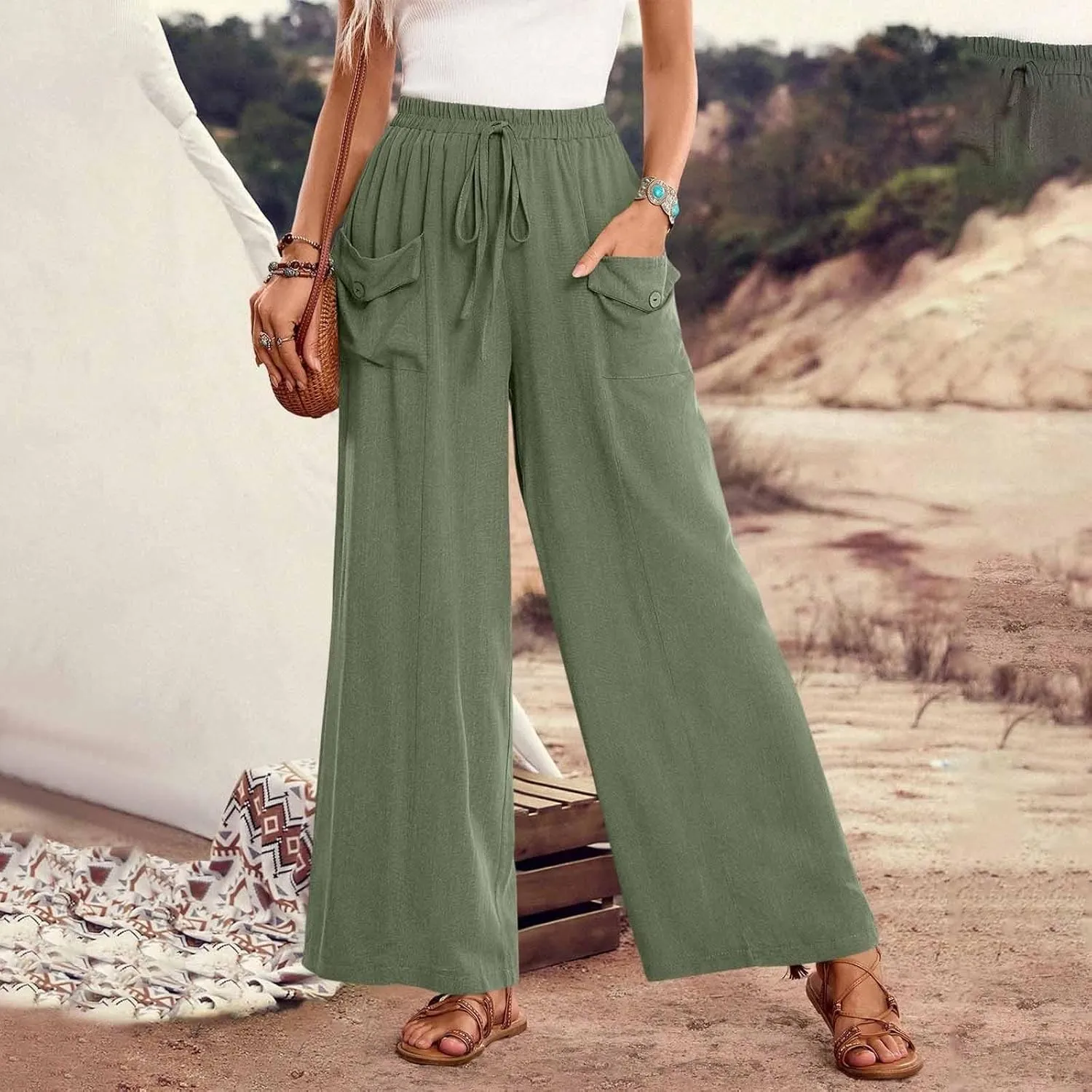 Summer Pants for Women Casual Loose Fit Linen Cropped Capri Pants 2025 Lightweight Drawstring Waist Trousers