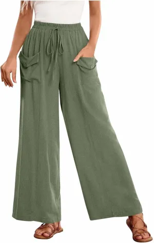 Summer Pants for Women Casual Loose Fit Linen Cropped Capri Pants 2025 Lightweight Drawstring Waist Trousers