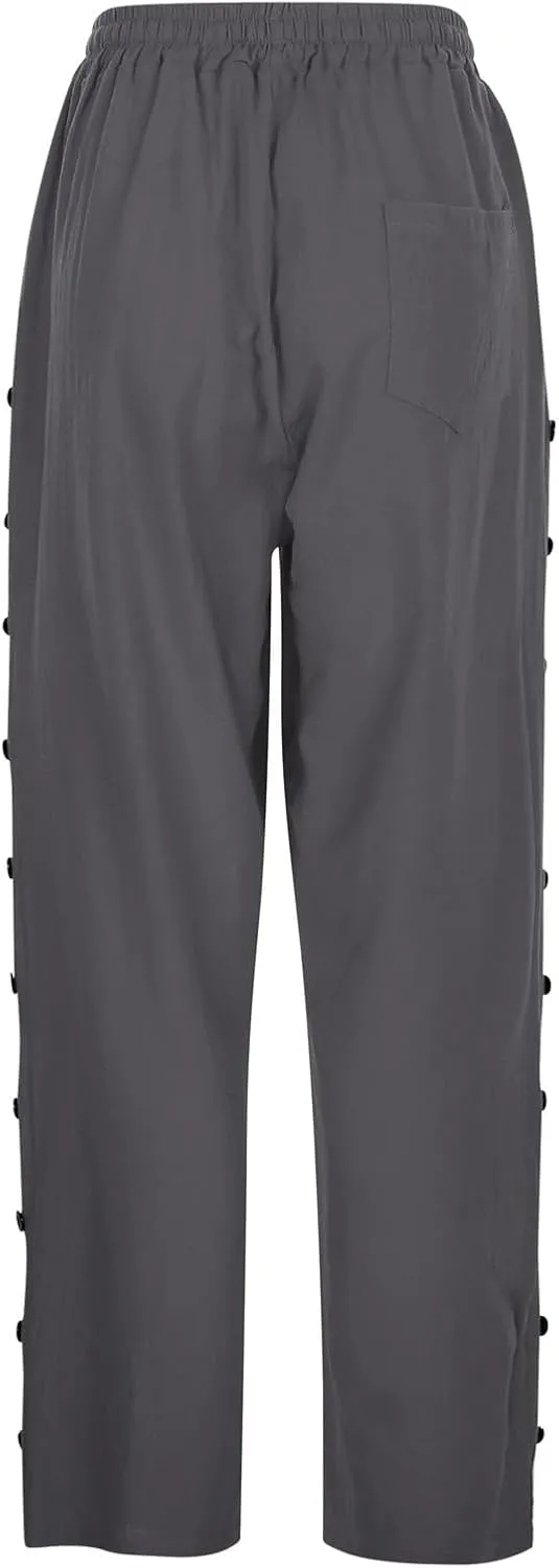 Summer Pants for Women Striped Side Button Pants Baggy Elastic Waist Straight Leg Trousers with Pockets