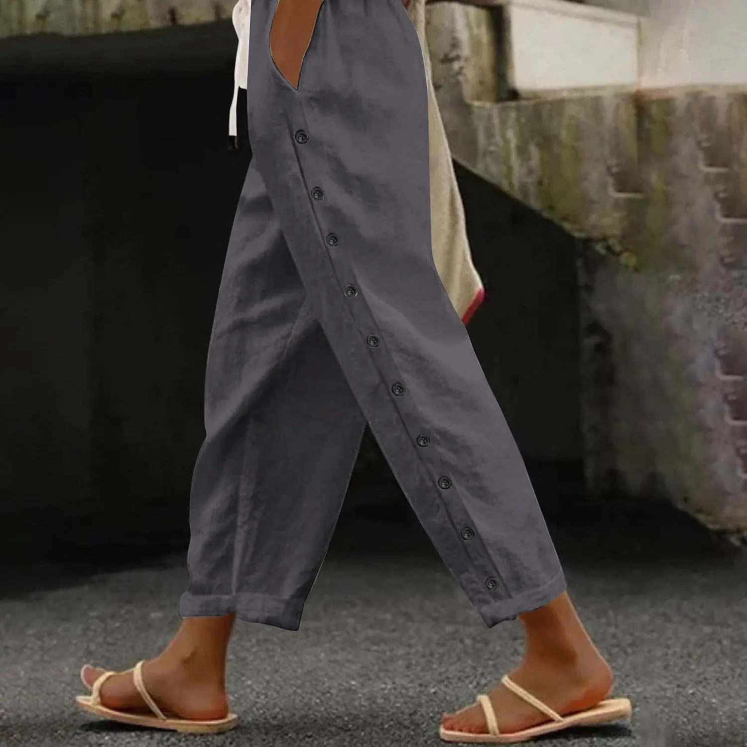 Summer Pants for Women Striped Side Button Pants Baggy Elastic Waist Straight Leg Trousers with Pockets
