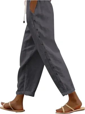 Summer Pants for Women Striped Side Button Pants Baggy Elastic Waist Straight Leg Trousers with Pockets