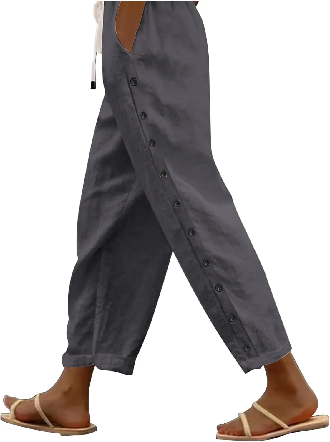 Summer Pants for Women Striped Side Button Pants Baggy Elastic Waist Straight Leg Trousers with Pockets