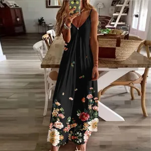 Sun Dresses Women Spaghetti Strap Floar Print Long Dress Casual Summer Beach Sundresses Soft Hawaiian Maxi Dress