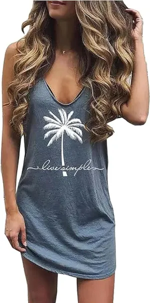 Sun Salt Sand Coconut Tree Mini Dress Women Summer Sleeveless Vacation Tank Dress Beach Praty Shirts Dress