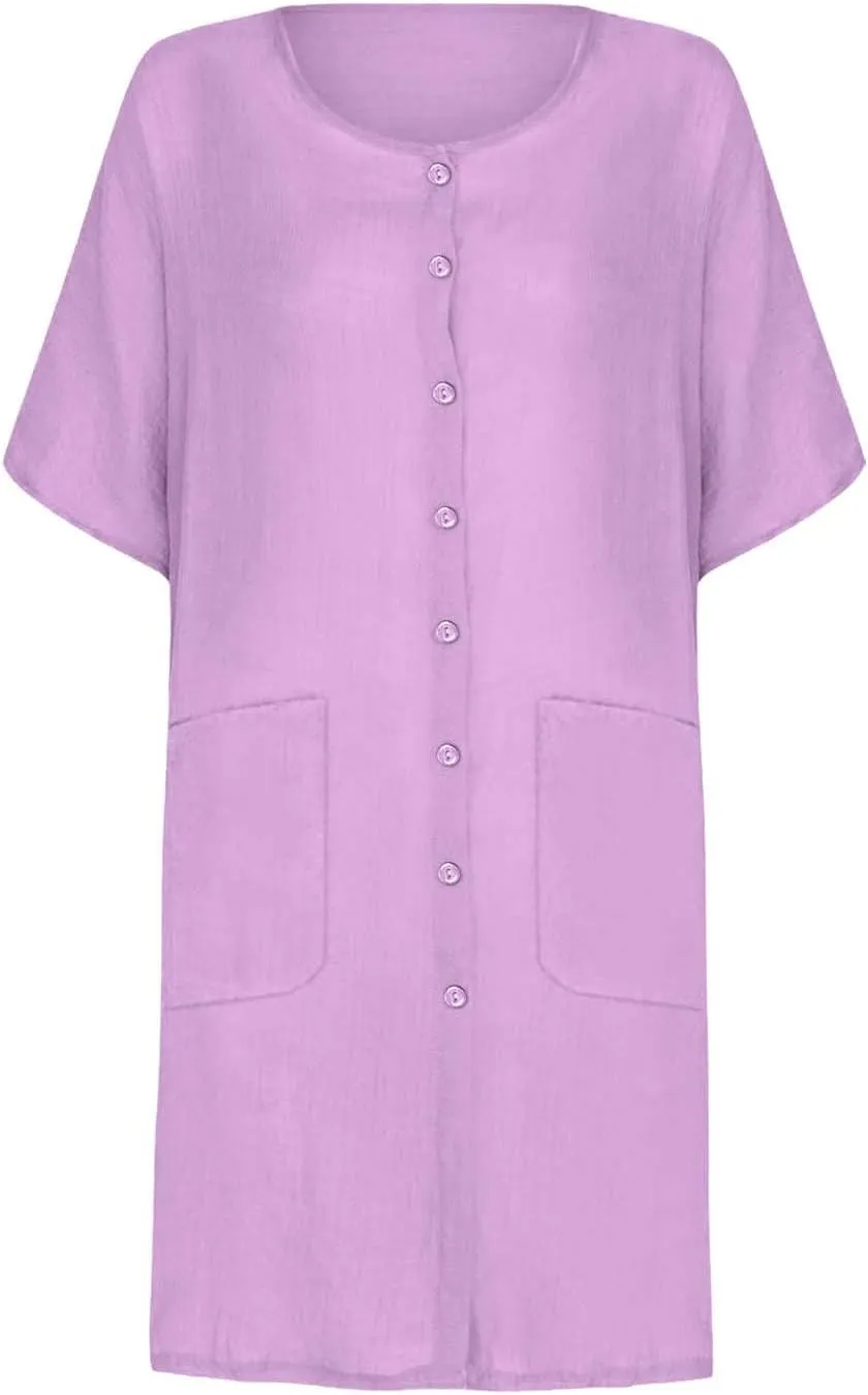 TANGNADE Womens Cotton Linen Midi Dresses Summer Casual Short Sleeve Beach Cover Up Shirts Loose Flowy Dress