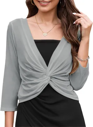 Tanou Womens Cropped Shrug Cardigan Casual Lightweight Pullover Shrug Cardigan Tulle Twist Knot 3/4 Sleeve Bolero Shrug Tops