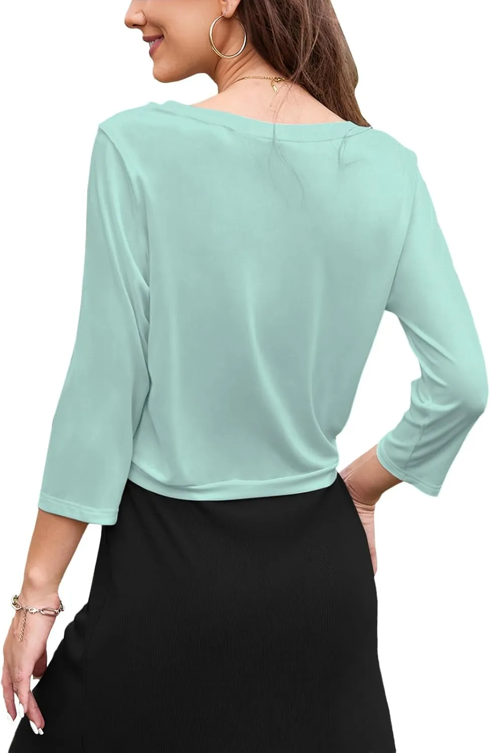 Tanou Womens Cropped Shrug Cardigan Casual Lightweight Pullover Shrug Cardigan Tulle Twist Knot 3/4 Sleeve Bolero Shrug Tops
