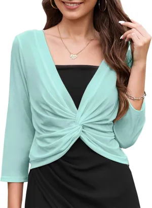 Tanou Womens Cropped Shrug Cardigan Casual Lightweight Pullover Shrug Cardigan Tulle Twist Knot 3/4 Sleeve Bolero Shrug Tops