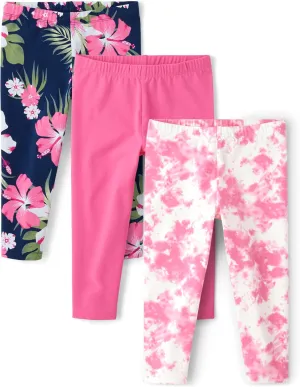 The Children's Place Girls Capri 3-Pack Leggings, Emily Tie Dye_Bright Pink_French Rose | French Rose | Perfect Trop_Tidal_in The Pink, 7-8 US
