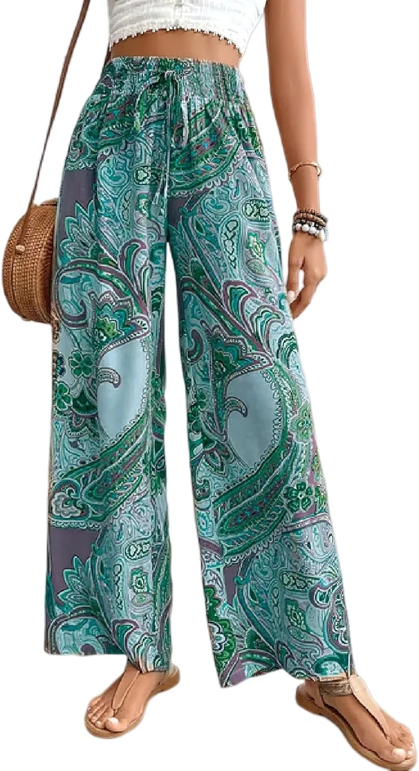 TIAFORD Women's Boho Printed Elastic High Waist Wide Leg Pants Casual Paisley Printed Smocked Waist Loose Pants Trousers