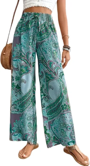 TIAFORD Women's Boho Printed Elastic High Waist Wide Leg Pants Casual Paisley Printed Smocked Waist Loose Pants Trousers