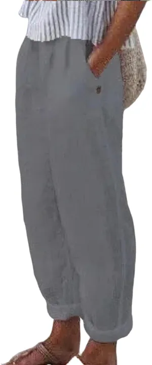 TIAFORD Women's Summer Casual Loose Cotton Linen Pants Elastic High Waist Wide Leg Beach Trousers with Pockets Plus Size