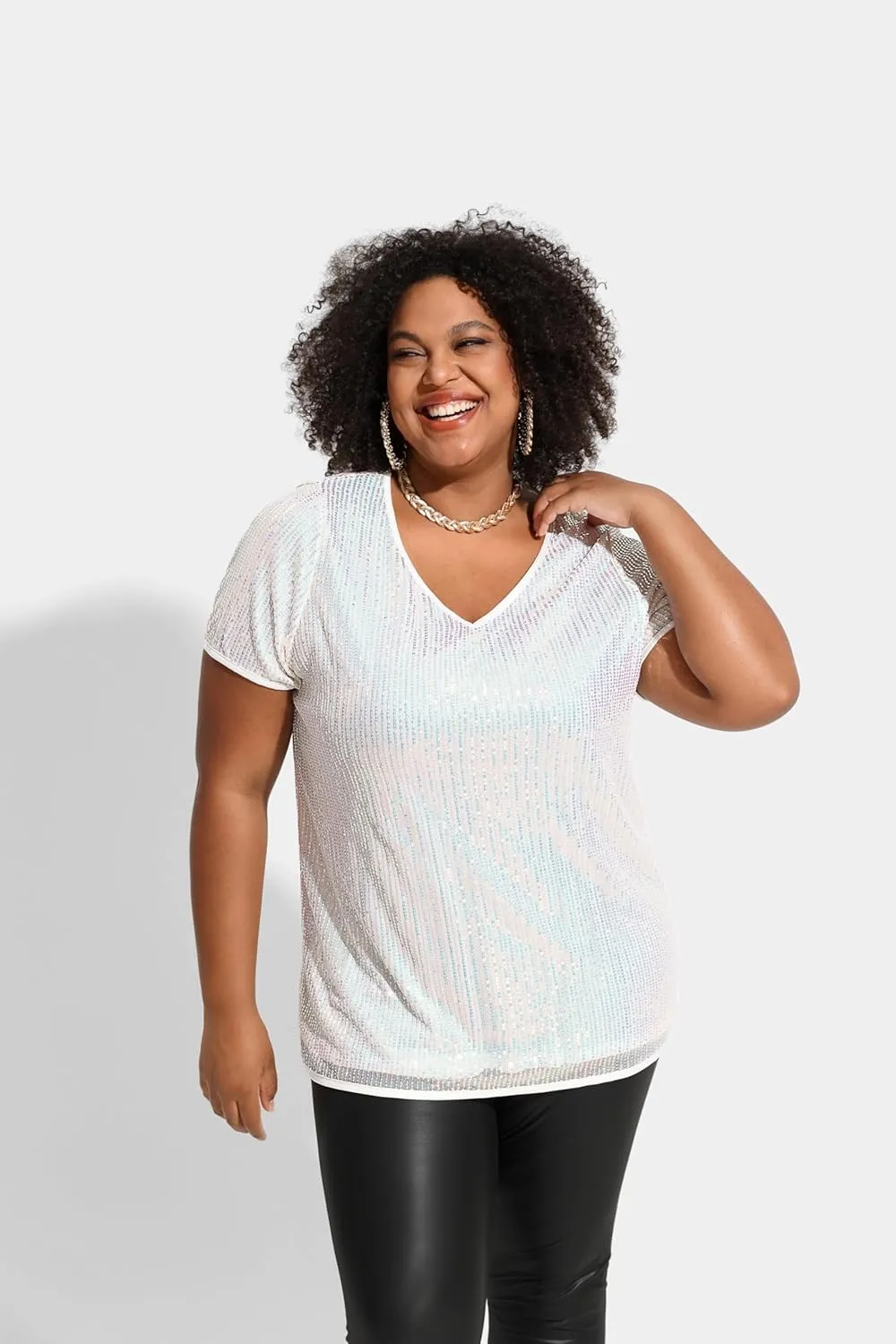 TIYOMI Plus Size Sequin Tops Short Sleeve Shirts for Women V-Neck Party Sparkly Tunics XL-5XL