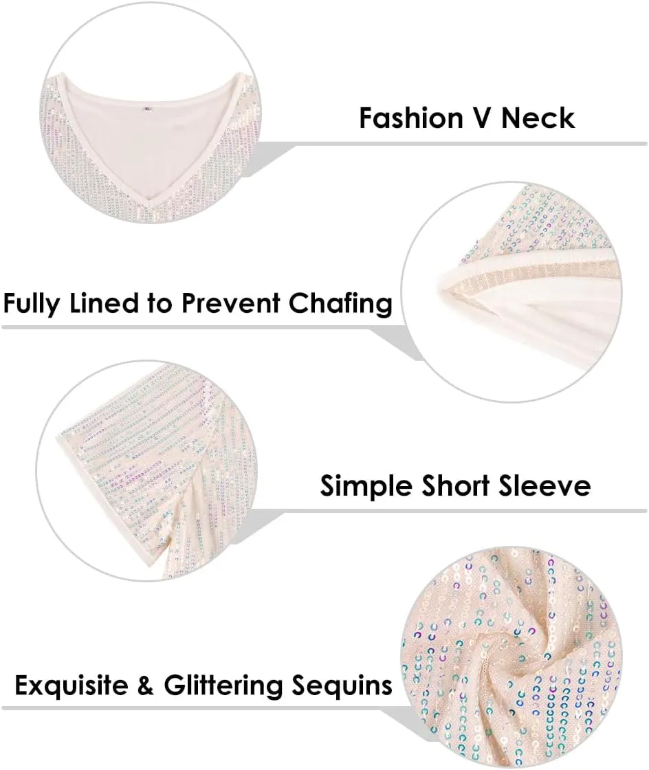 TIYOMI Plus Size Sequin Tops Short Sleeve Shirts for Women V-Neck Party Sparkly Tunics XL-5XL