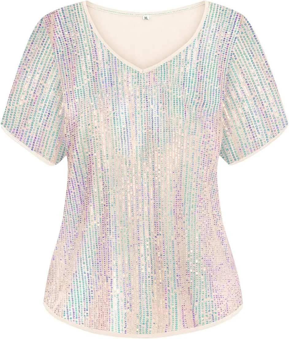 TIYOMI Plus Size Sequin Tops Short Sleeve Shirts for Women V-Neck Party Sparkly Tunics XL-5XL