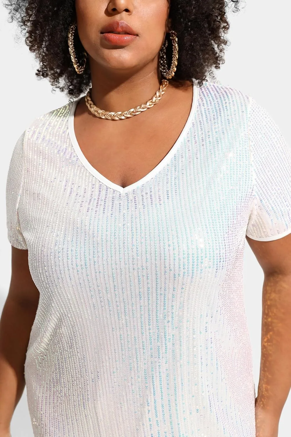 TIYOMI Plus Size Sequin Tops Short Sleeve Shirts for Women V-Neck Party Sparkly Tunics XL-5XL