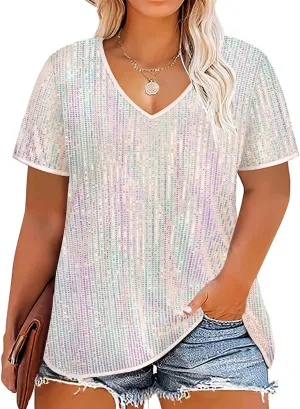 TIYOMI Plus Size Sequin Tops Short Sleeve Shirts for Women V-Neck Party Sparkly Tunics XL-5XL