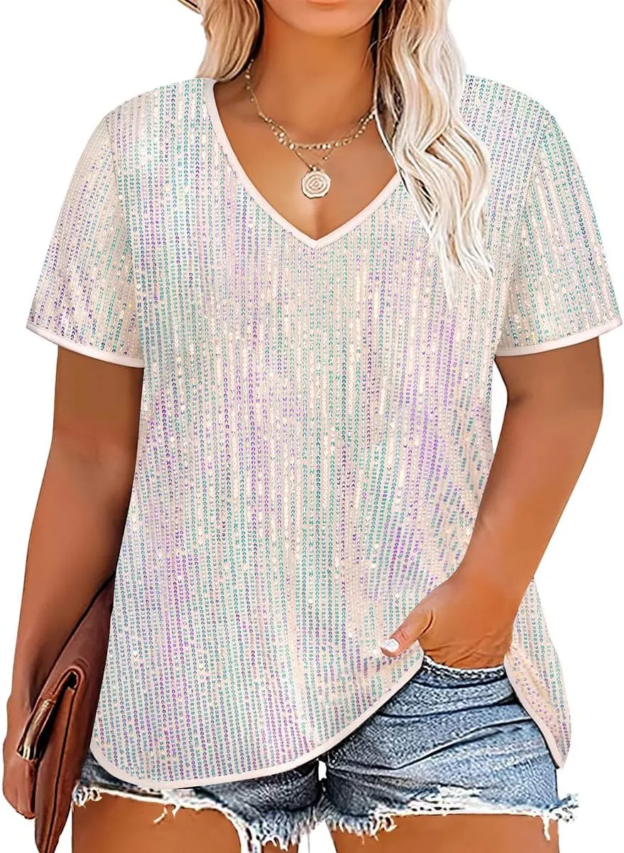 TIYOMI Plus Size Sequin Tops Short Sleeve Shirts for Women V-Neck Party Sparkly Tunics XL-5XL