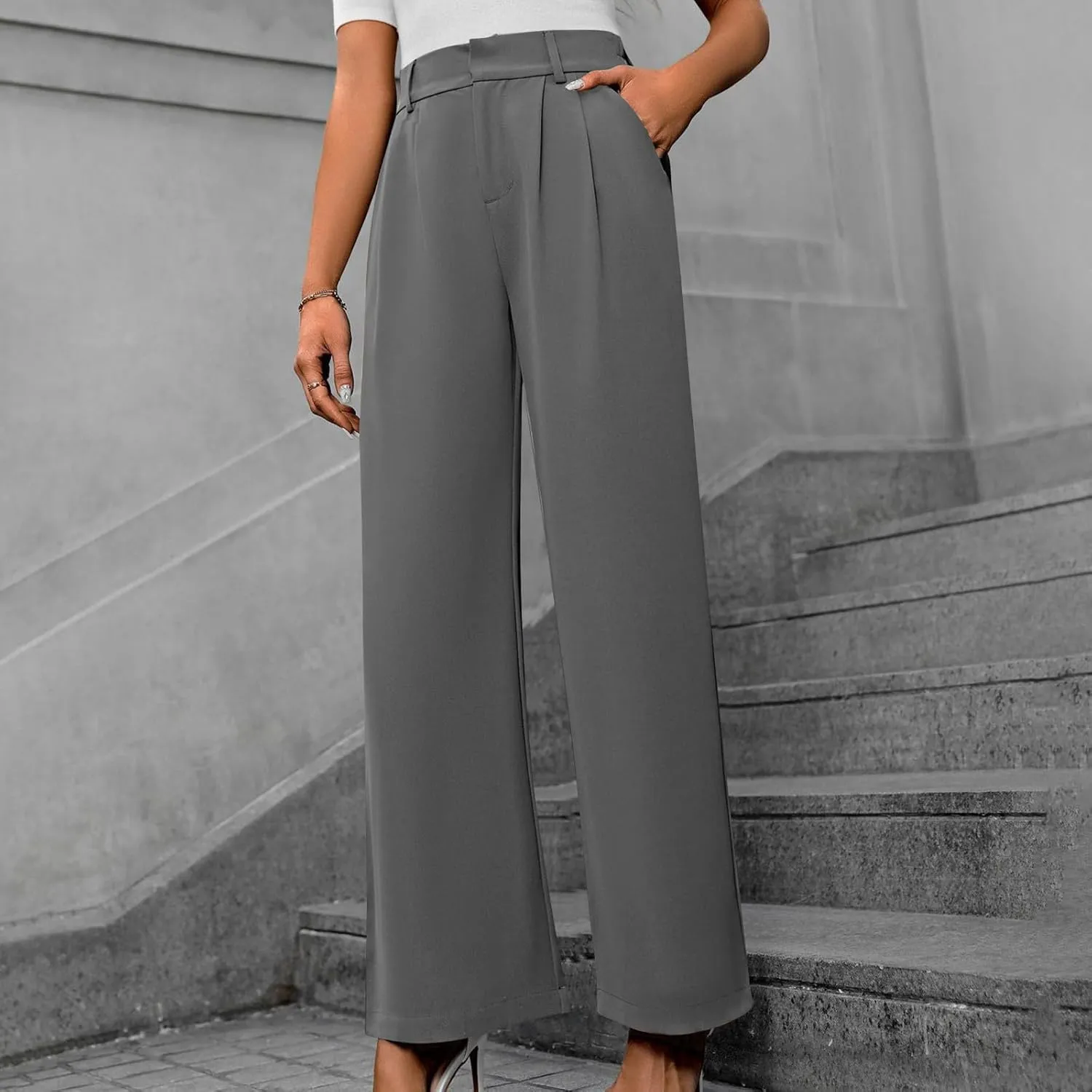 Trousers for Women Workwear Pleated Front Elastic Waist Straight Wide Leg Pants Outdoor Office Dressy Lounge Trousers