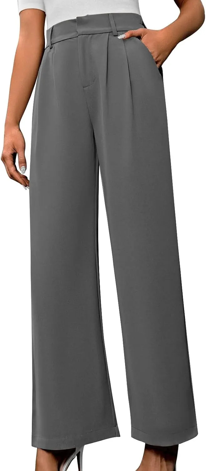 Trousers for Women Workwear Pleated Front Elastic Waist Straight Wide Leg Pants Outdoor Office Dressy Lounge Trousers