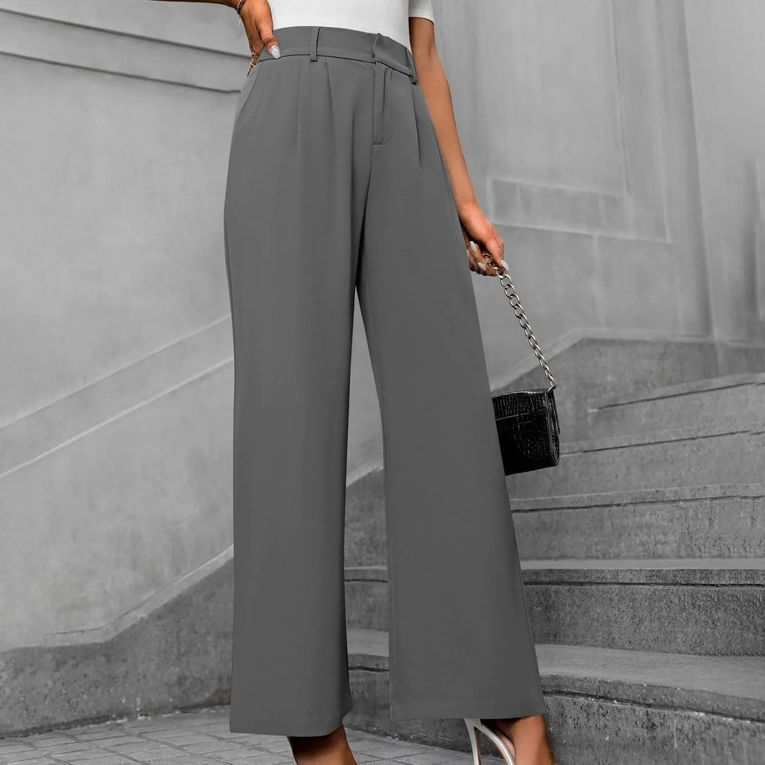 Trousers for Women Workwear Pleated Front Elastic Waist Straight Wide Leg Pants Outdoor Office Dressy Lounge Trousers