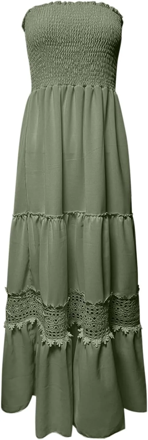 Tube Dresses For Women Maxi 2025 Summer Bohemian Strapless Sundress Off Shoulder Lace Trim Flowy A Line Beach Dress