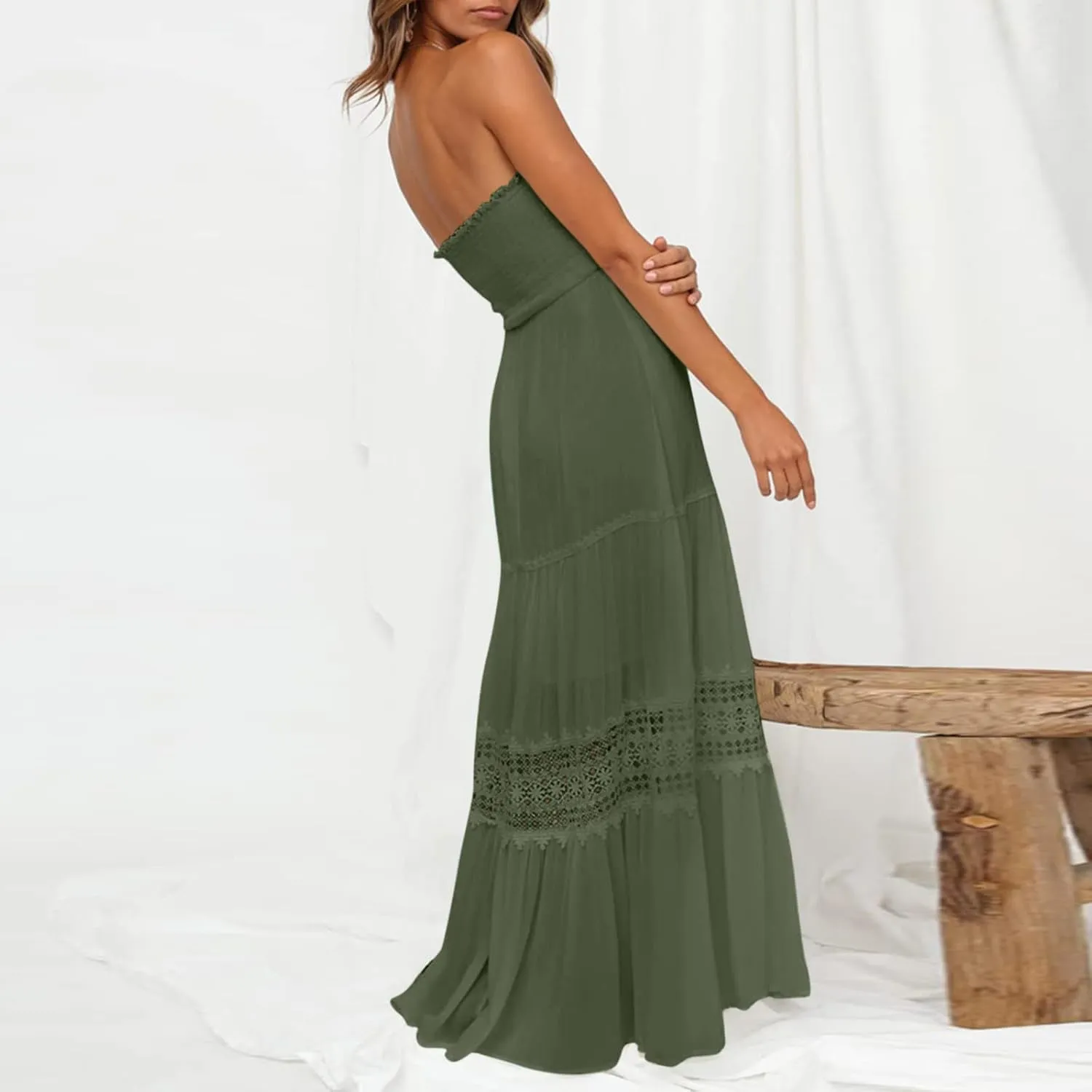 Tube Dresses For Women Maxi 2025 Summer Bohemian Strapless Sundress Off Shoulder Lace Trim Flowy A Line Beach Dress