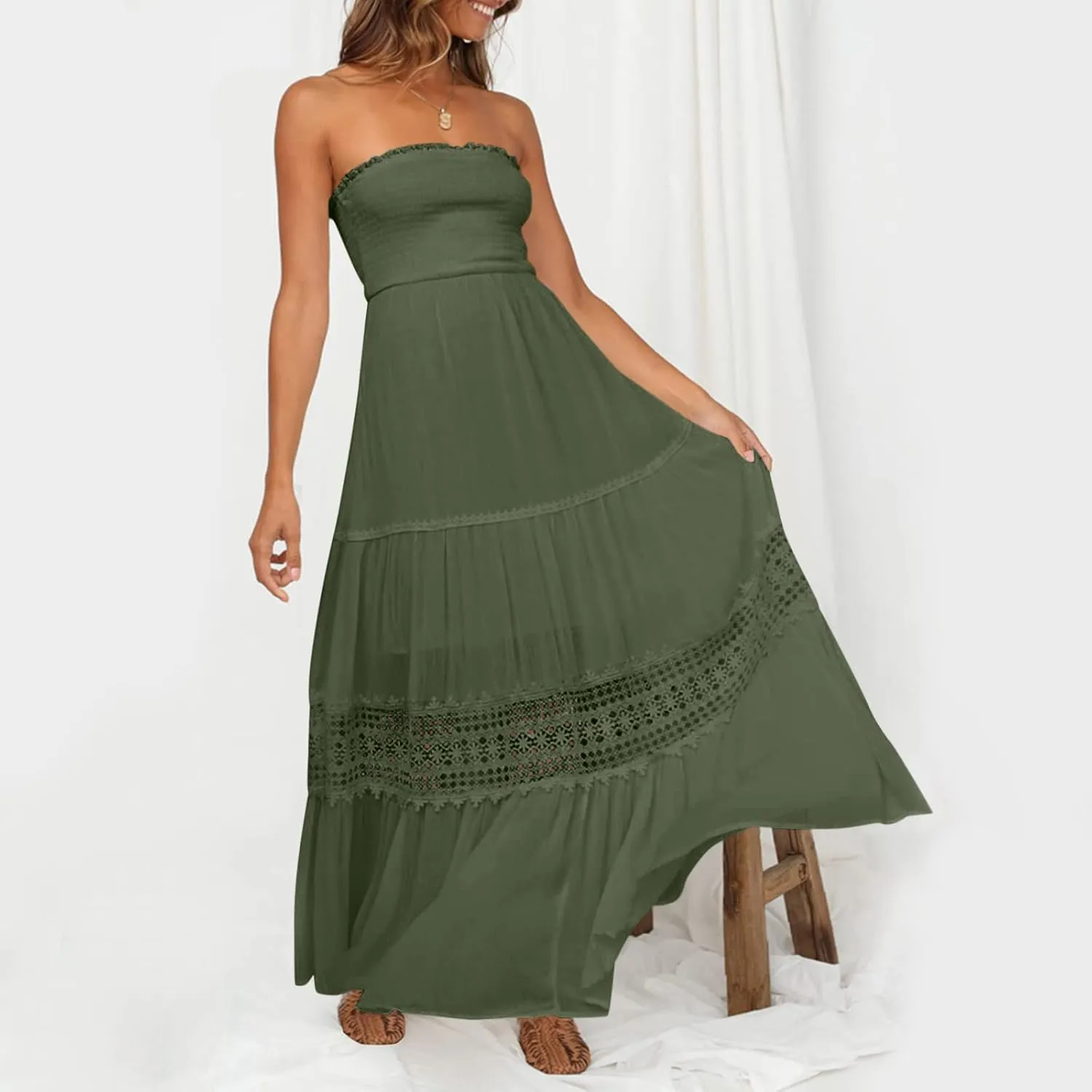 Tube Dresses For Women Maxi 2025 Summer Bohemian Strapless Sundress Off Shoulder Lace Trim Flowy A Line Beach Dress