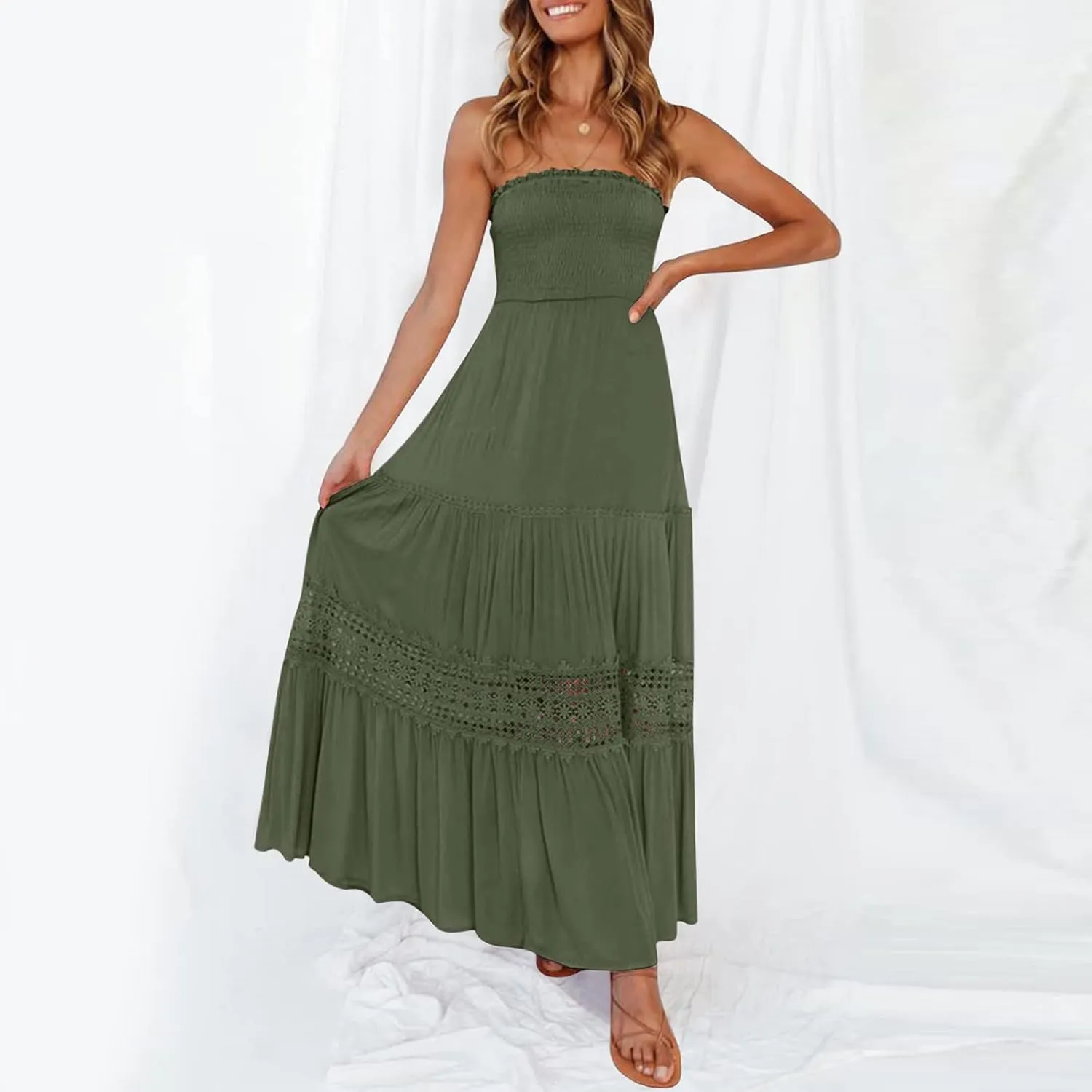 Tube Dresses For Women Maxi 2025 Summer Bohemian Strapless Sundress Off Shoulder Lace Trim Flowy A Line Beach Dress