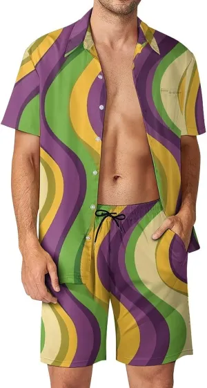 Wavy Striped Pattern Mens Swimsuit 2 Pieces Set Quick Dry Shorts Shirts Summer Button Down Short Sleeve Set