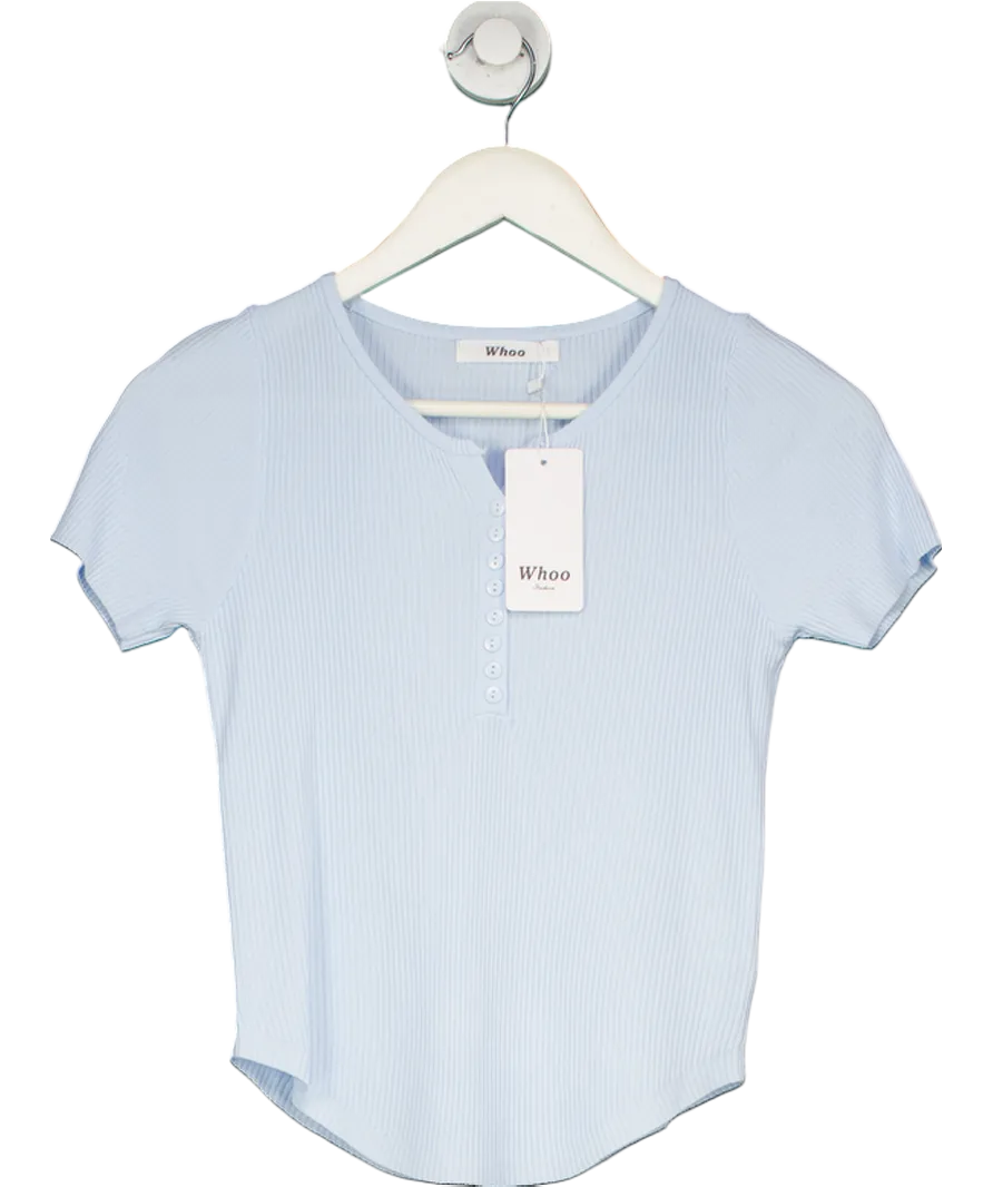 Whoo Blue Ribbed Half Button Top UK S