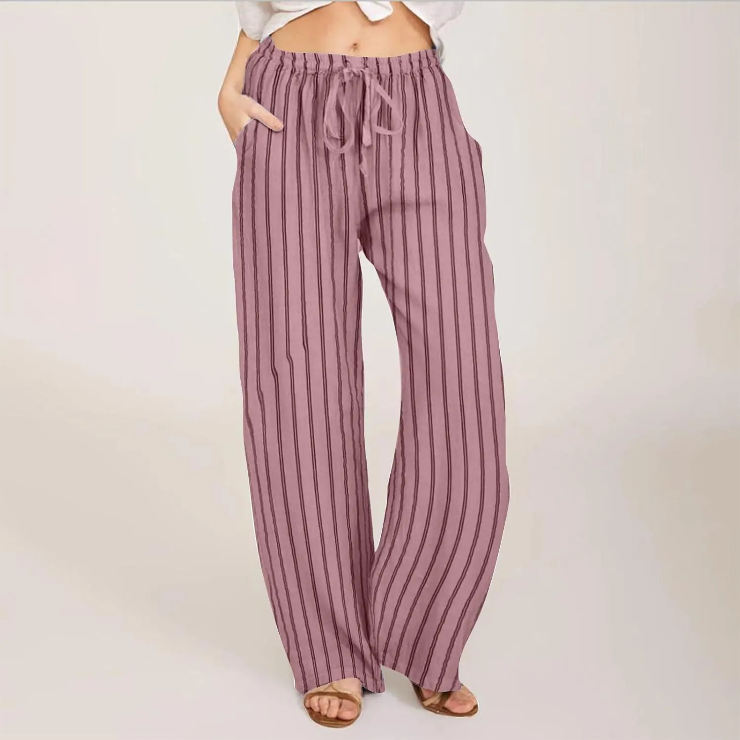 Wide Leg Cotton Linen Pants Women 2025 Summer Lightweight Lounge Pants High Waisted Loose Slacks Trousers with Pockets