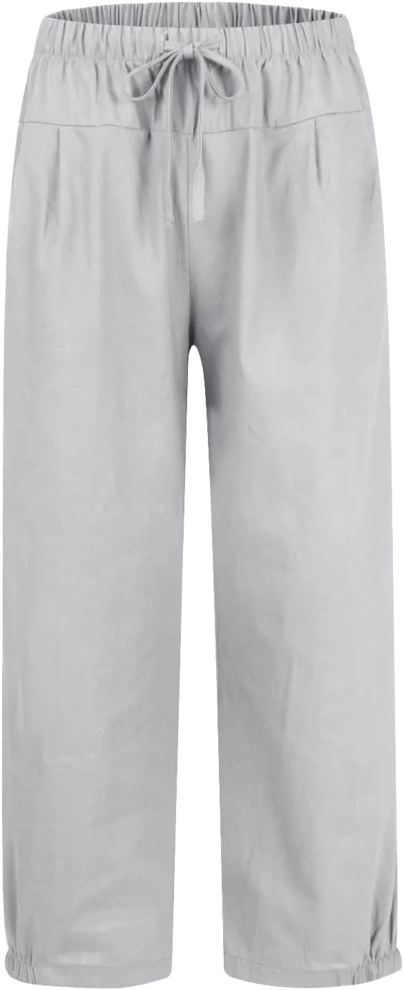 Wide Leg Linen Pants for Women Casual Elastic High Waisted Summer Cropped Pants with Pockets Loose Fit Beach Trouser
