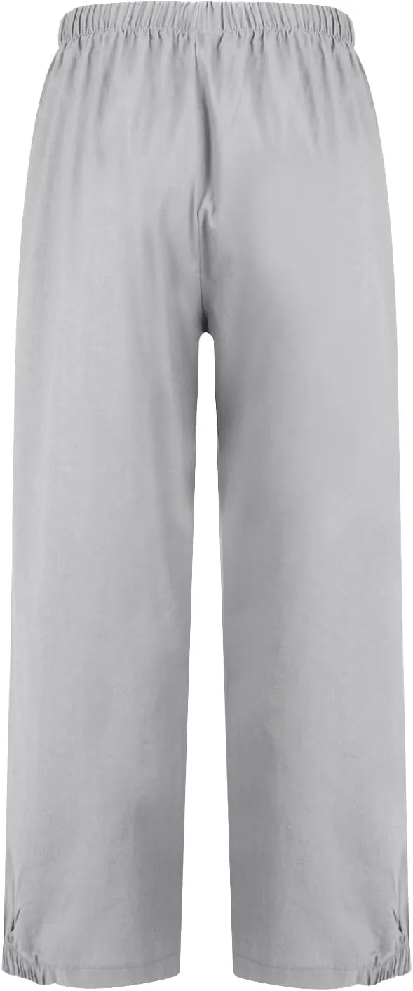 Wide Leg Linen Pants for Women Casual Elastic High Waisted Summer Cropped Pants with Pockets Loose Fit Beach Trouser