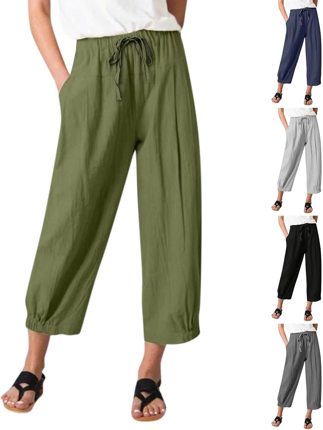 Wide Leg Linen Pants for Women Casual Elastic High Waisted Summer Cropped Pants with Pockets Loose Fit Beach Trouser