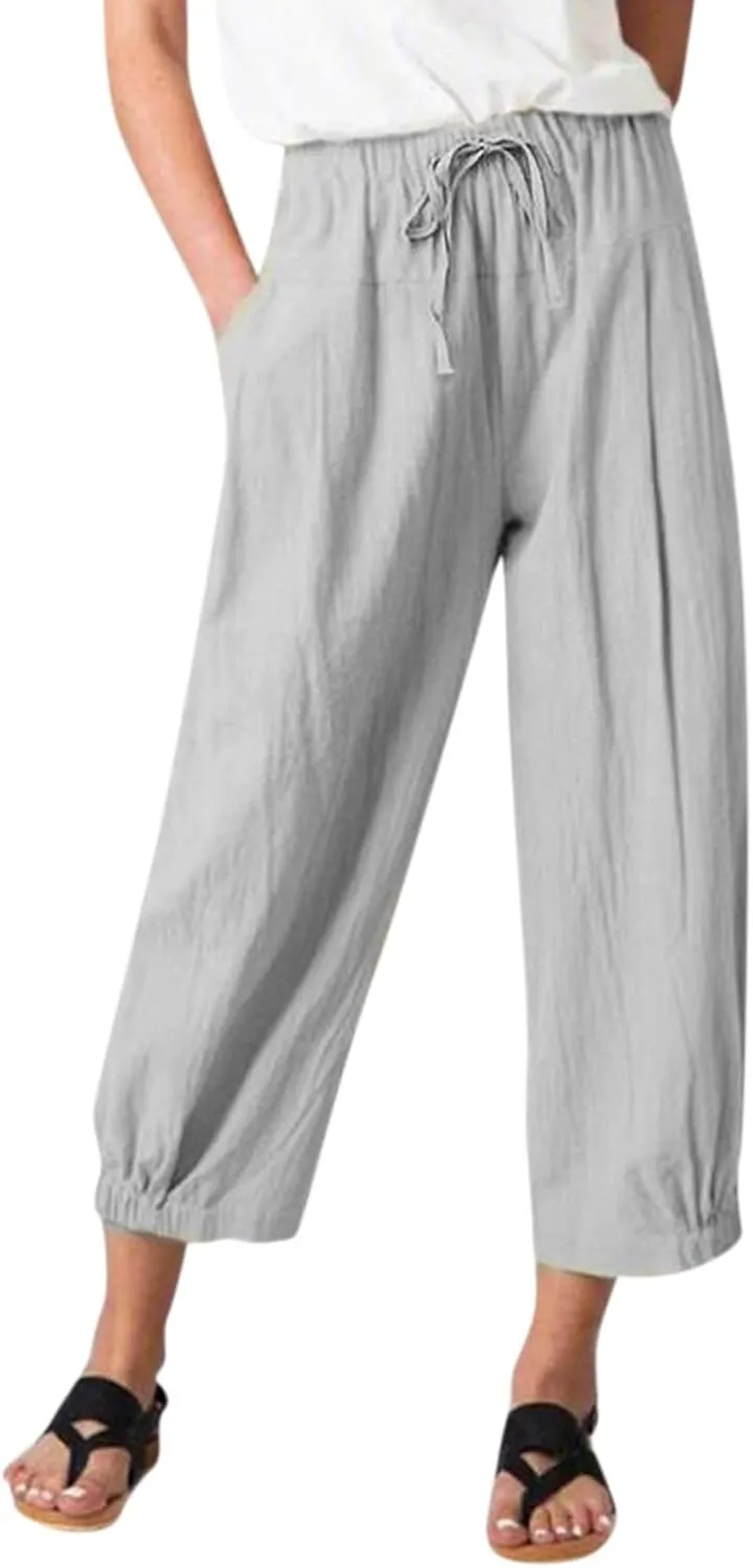 Wide Leg Linen Pants for Women Casual Elastic High Waisted Summer Cropped Pants with Pockets Loose Fit Beach Trouser